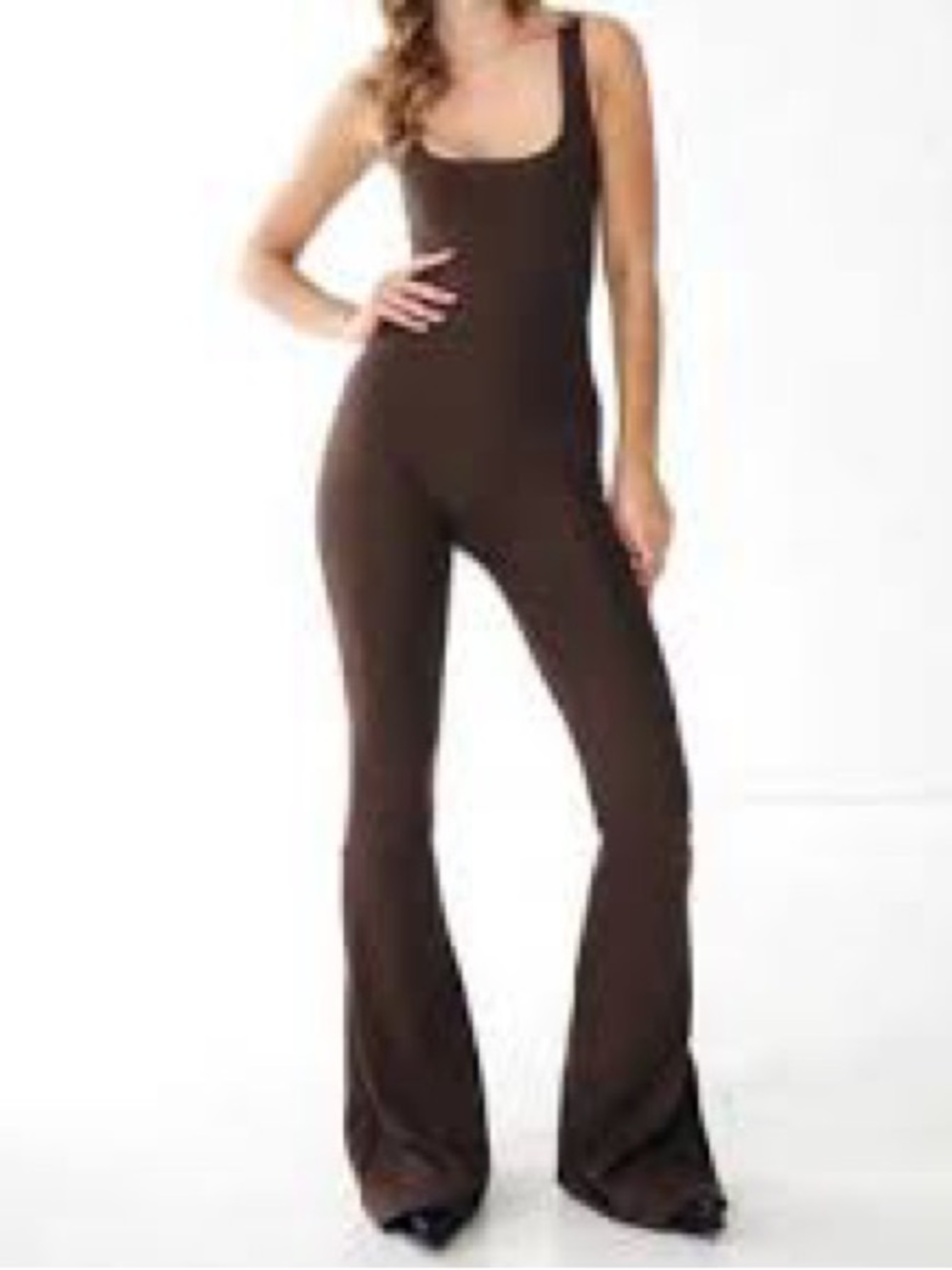 Brown Scoop-Neck Stretch Active Jumpsuit